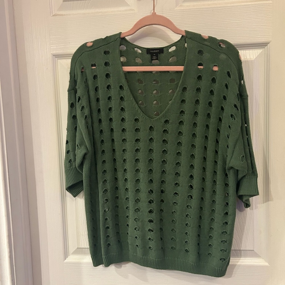 NWOT - Halogen (Nordstrom) Open Stitch Short Sleeved Green Crochet Knitted Top